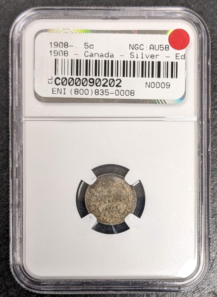 1908 Canada Silver Edward VII 5 Cent Small 8 Toned NGC AU 58