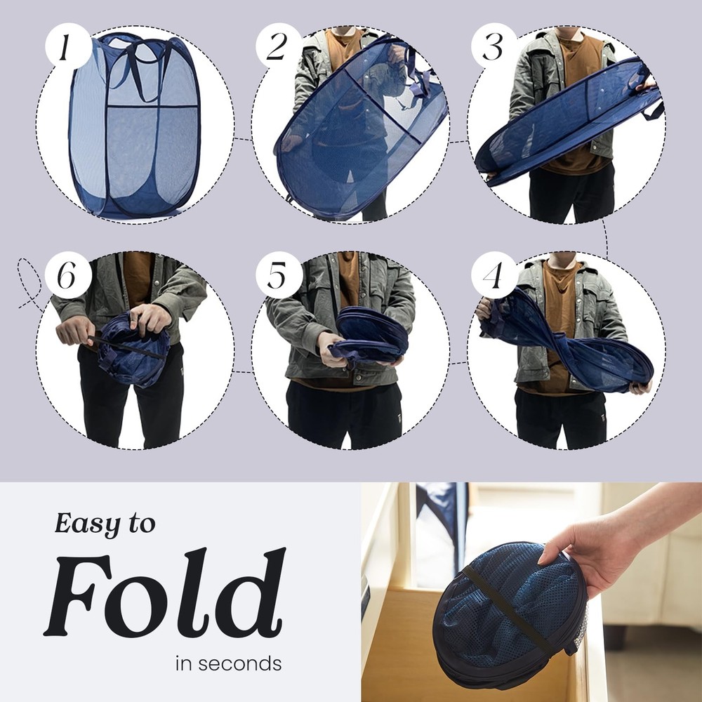 Collapsible Mesh Pop Up Laundry Hamper Sturdy Handles Side Pocket Black
