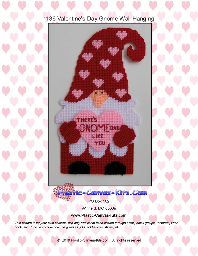 Valentine's Day Gnome Wall Hanging-Plastic Canvas Pattern or Kit