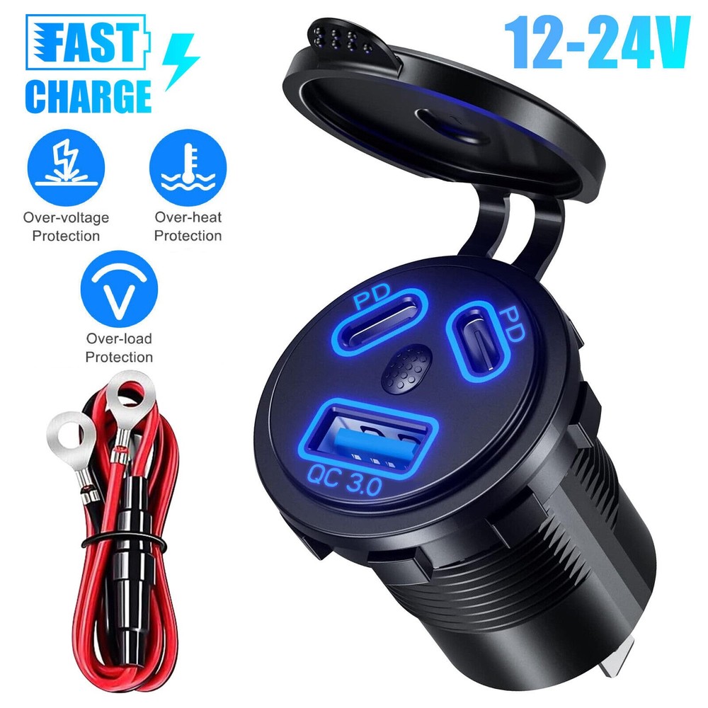 12V/24V Dual PD+QC 3.0 USB Port Car Cigarette Lighter Socket Plug LED Indicator