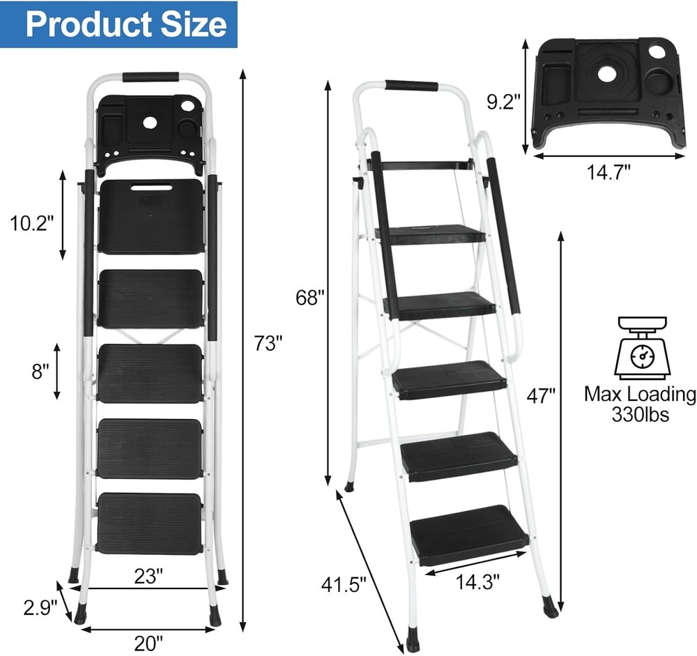 5 Step Ladder Handrails & Tool Tray Platform 330 lbs Folding Step Stool Ladder