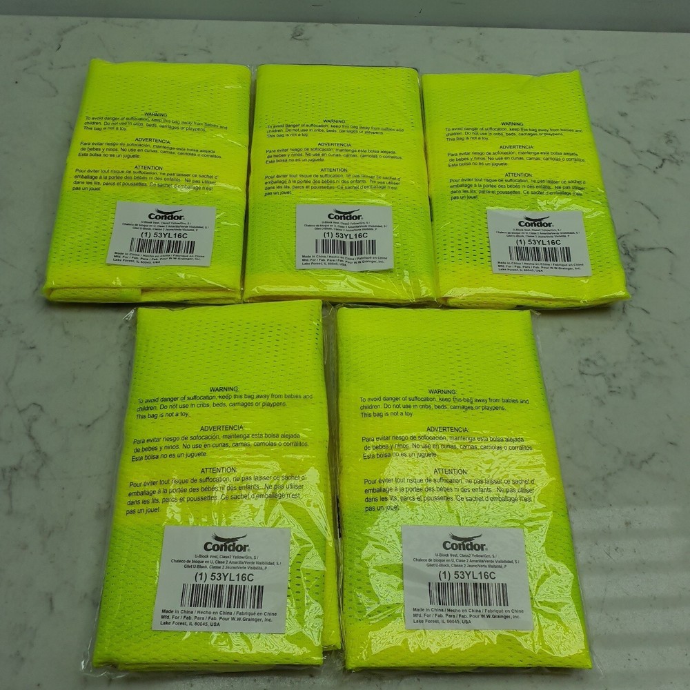 5 Pack Condor 53YL16A U Block Vest Class 2 High Visibility Size Small
