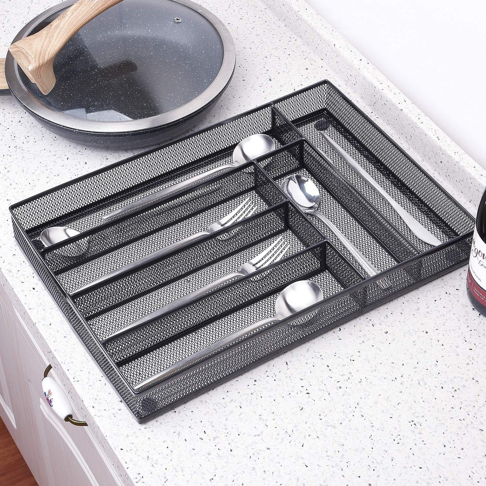 WuGeShop 6 Compartments Metal Mesh Kitchen Flatware Organizer Tray, Silverwar...