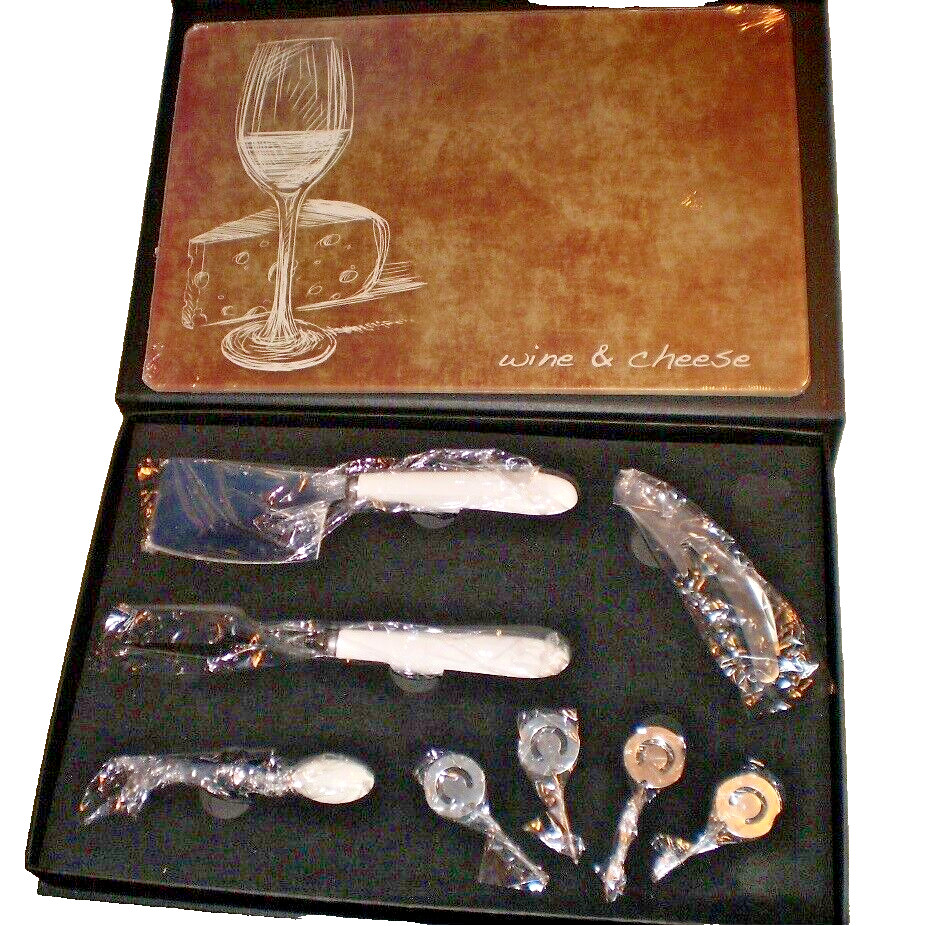 WINE AND CHEESE BOARD SET GLASS CUTTING BOARD 9 PC