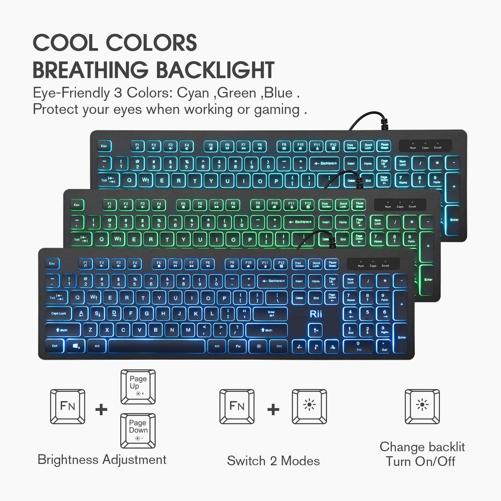 Rii Three Colors Backlit Keyboard and Mouse, Wired Keyboard and Mouse Combo, ...