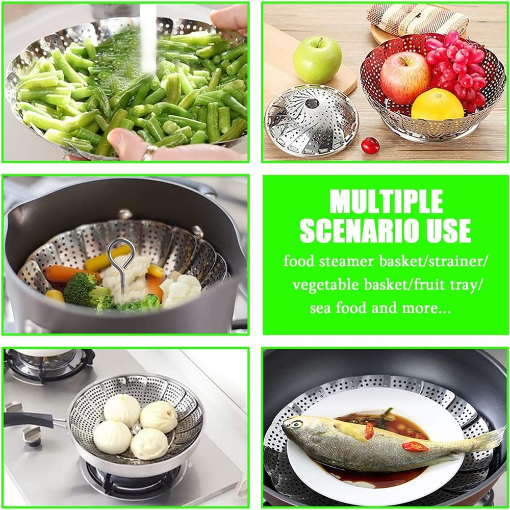 Stainless Steel Steamer Basket with Folding Handle Silicone Feet