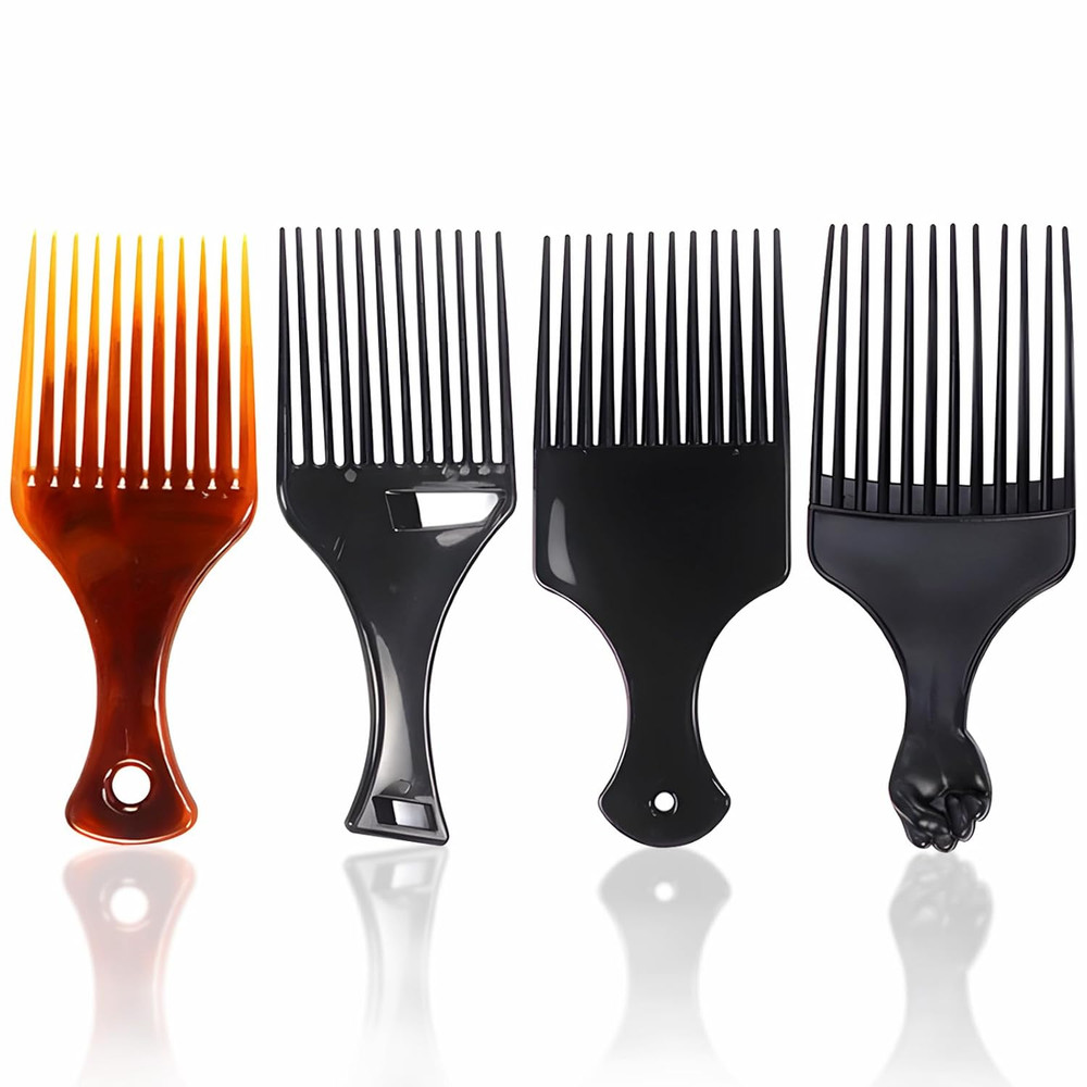 4-Pack Plastic Wide-Tooth Afro Lift Combs for Styling, Detangling, Adding Volume