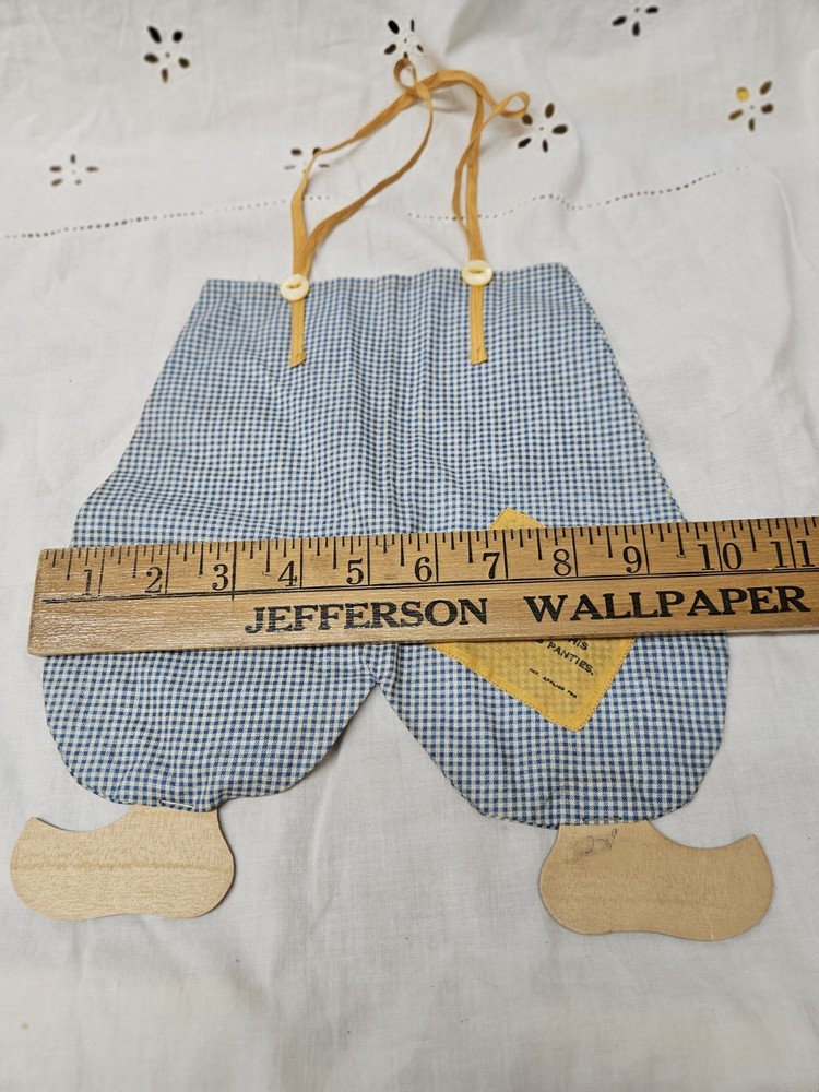 Checked Fabric Hanging Pin Bag Blue White Yellow Pants Shape Drawstring 12"