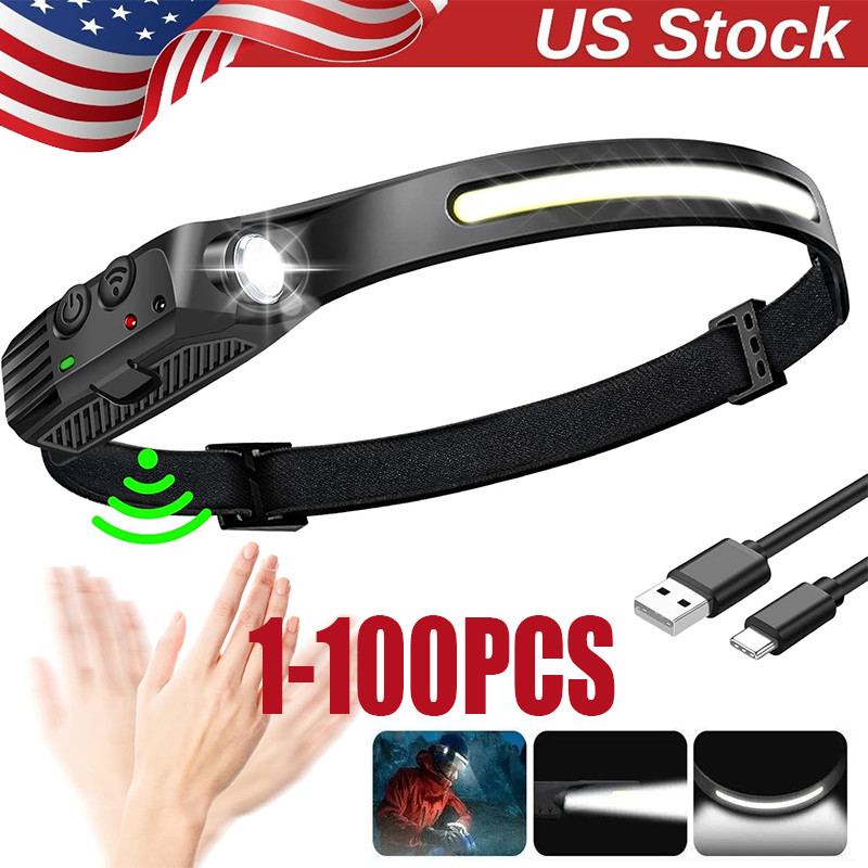 COB LED Headlamp USB Rechargeable Headlight Torch Work Light Bar Head Band Lamp
