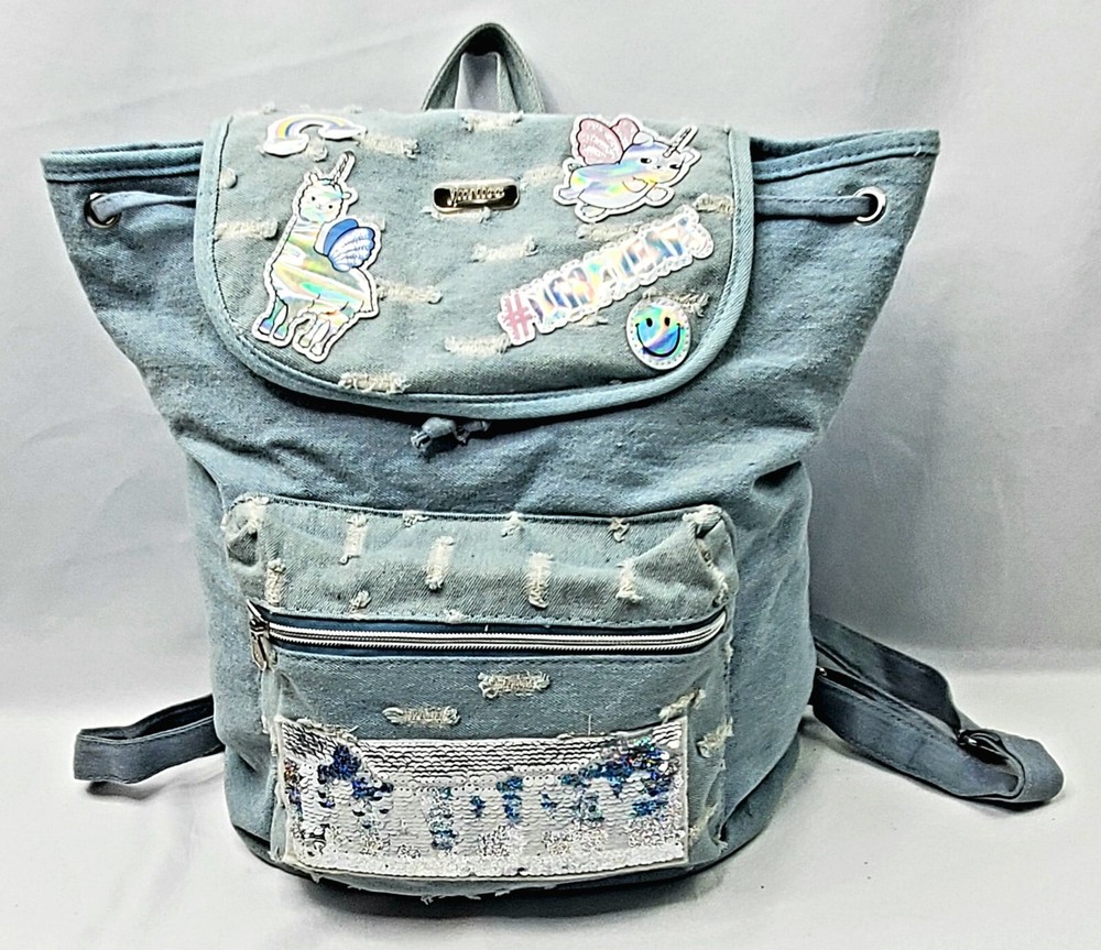 JUSTICE Distressed Denim Unicorns Rainbow Happy Flip Sequins Backpack Pre-owned