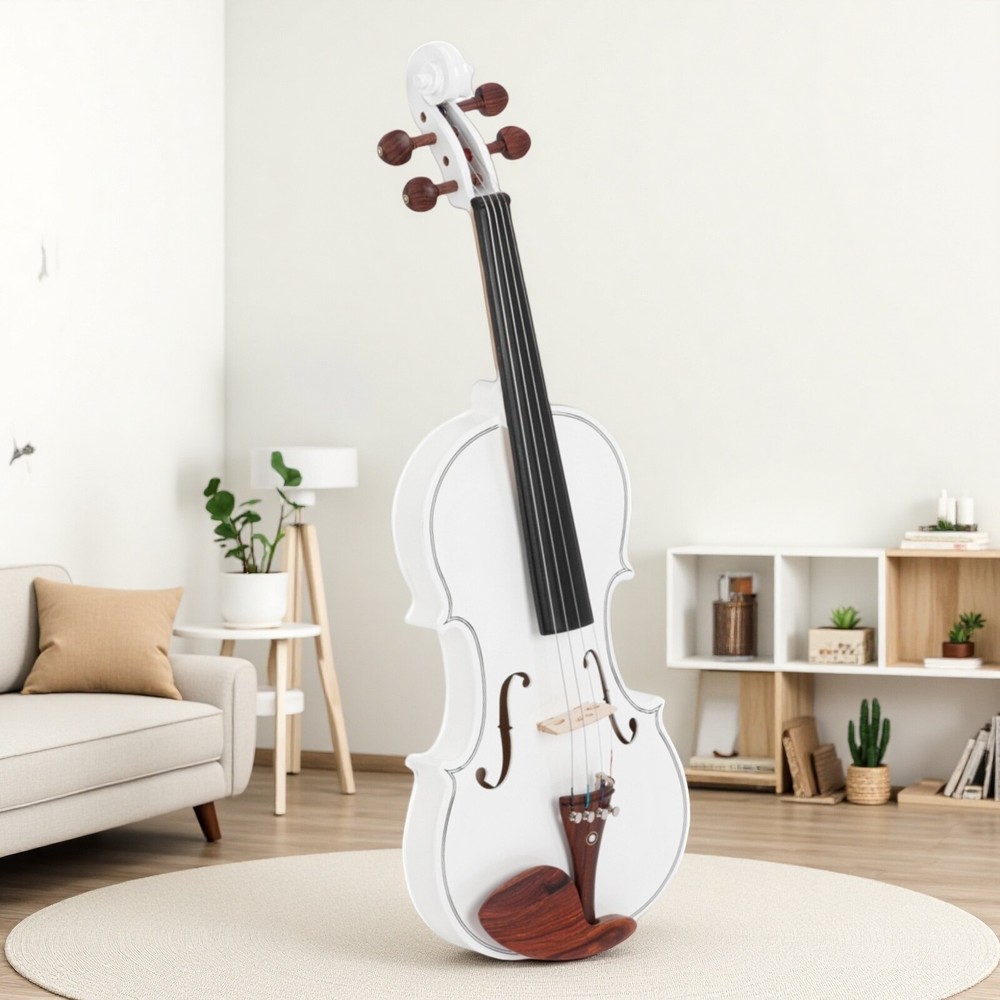 4/4 Solid Spruce Top Acoustic Beginner Violin Set - Tuner, White, Shoulder Rest