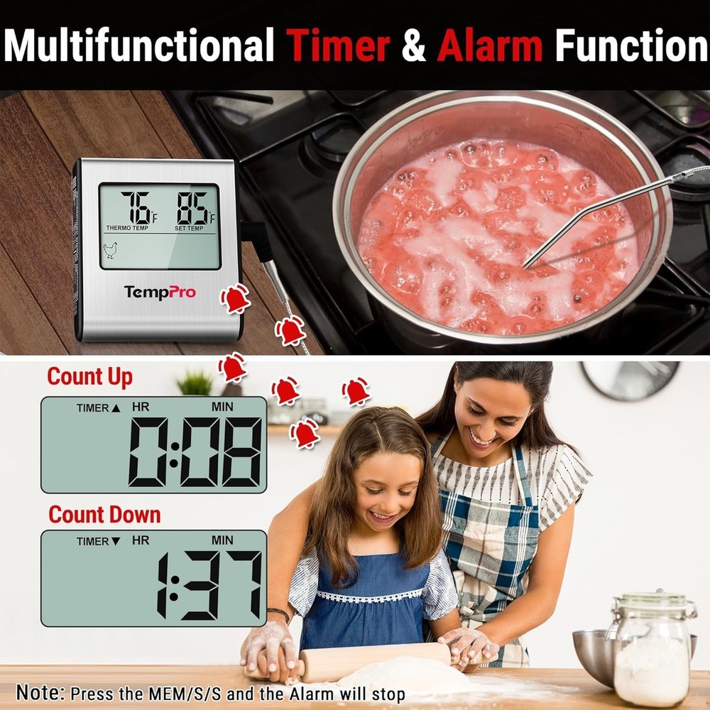 TP16 Large LCD Digital Meat Thermometer Timer Smoker Oven Kitchen BBQ
