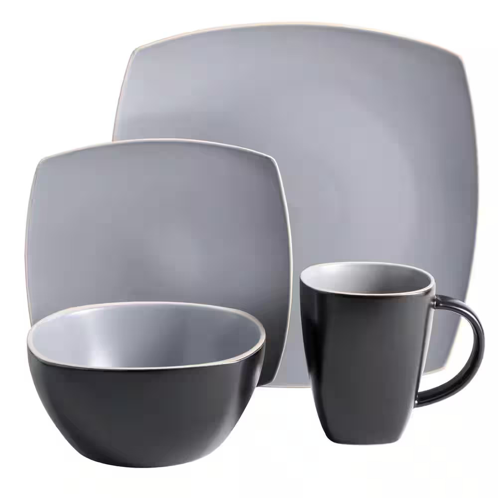 Soho Lounge 16-Piece Grey Matte Soft Square Stoneware Dinnerware Set