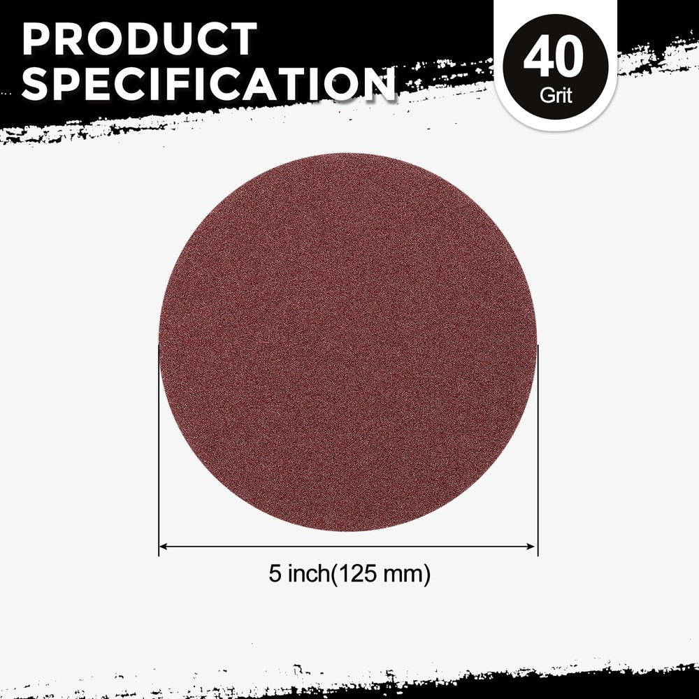 60 Pcs Sanding Disc 5 Inch 40 Grit Hook and Loop Random Orbital Sandpaper, Red