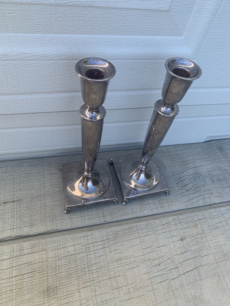 Crescent Silver Plated Candlesticks Pair 10.5”Art Deco Pew Footed Square Base
