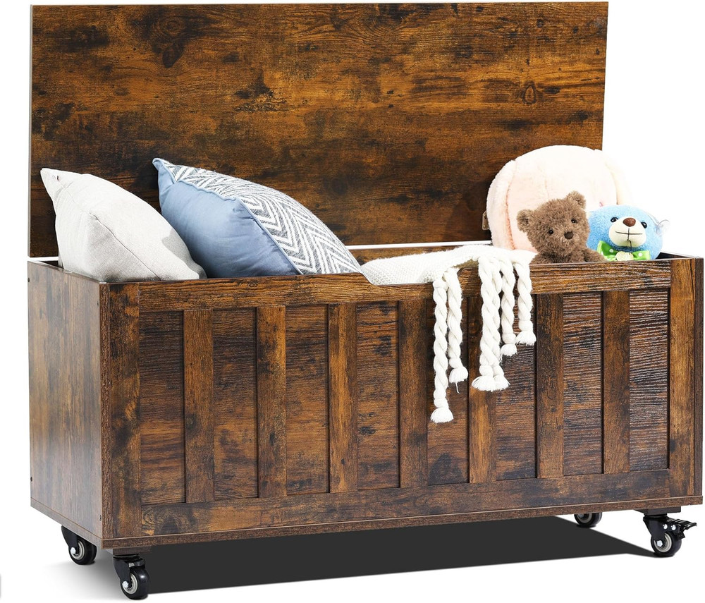 Rustic Wooden Storage Chest with Wheels & Hinges, 300 Lbs Capacity, Easy Assembl