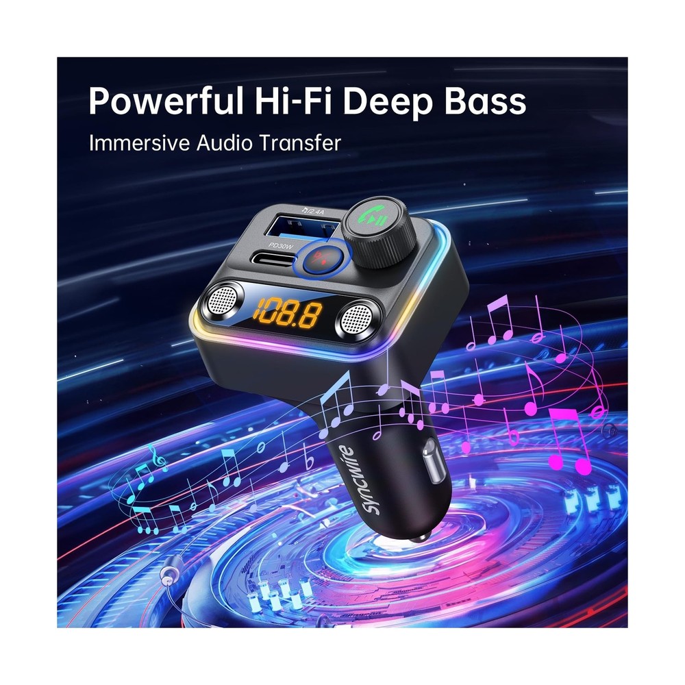 Syncwire Bluetooth 5.4 FM Transmitter Car Adapter 42W [Light Switch... Fast Ship