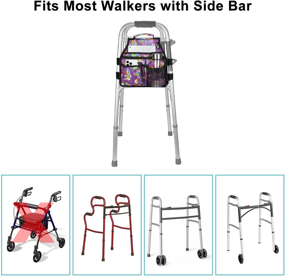 Walker Side Bag, Storage Pouch W/Cup Holder for Folding Walker, Waterproof Caddy