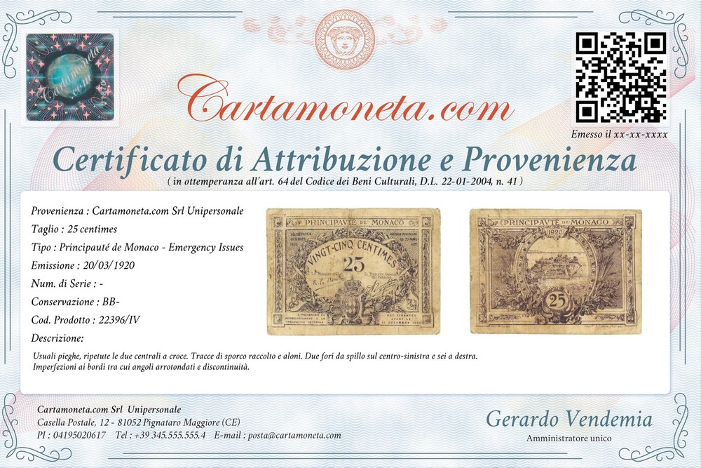 25 CENTIMES PRINCIPAUTÉ DE MONACO EMERGENCY ISSUES 20/03/1920 BB-