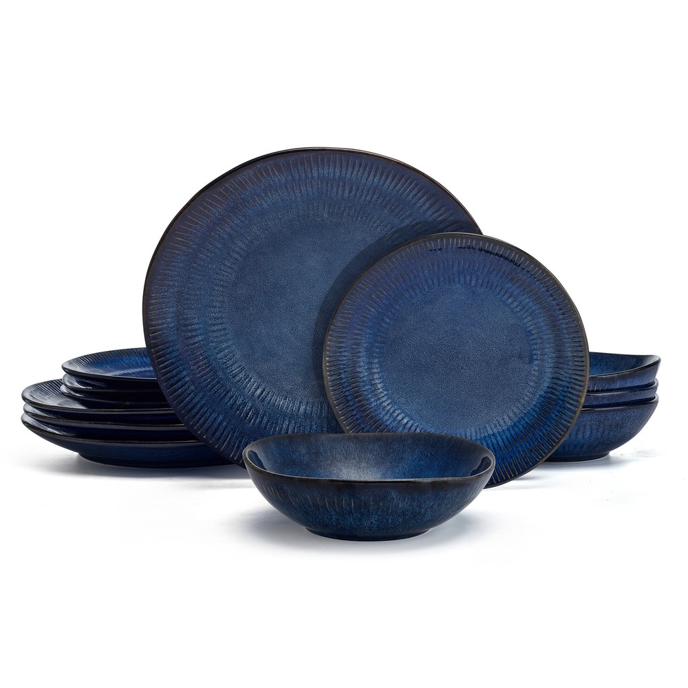 Racheal Blue Dinnerware Set 12 Piece Stoneware Ceramic Kitchen Dishes