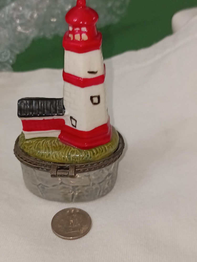 Lighthouse Hinged Trinket Hidden Box Ceramic Red White