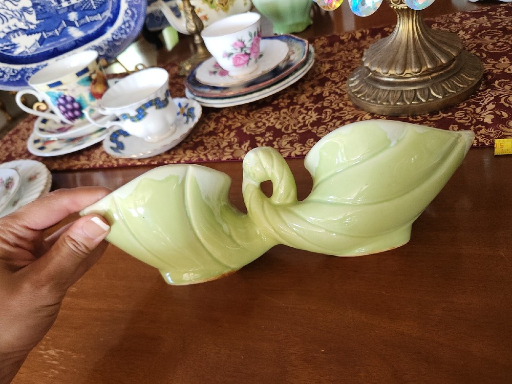 Retro Vintage Green Glazed Double Cornucopia Ceramic Planter