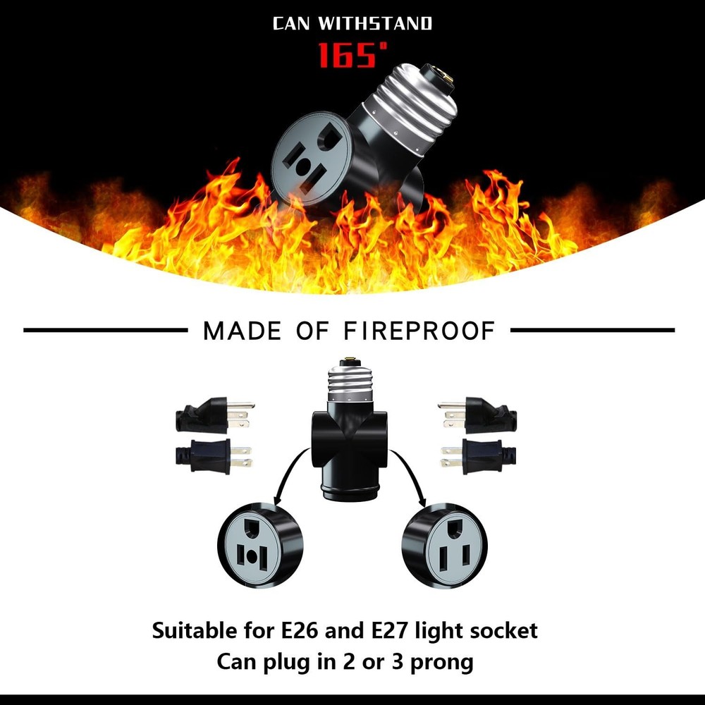 2 Pack, Light Socket to Plug Adapter, Convert E26 Light Socket to 3-Prong Out...