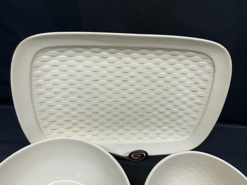 Pfaltzgraff "HAMPTONS" Basketweave ~ 3 Piece Serving Set: Bowls, Platter