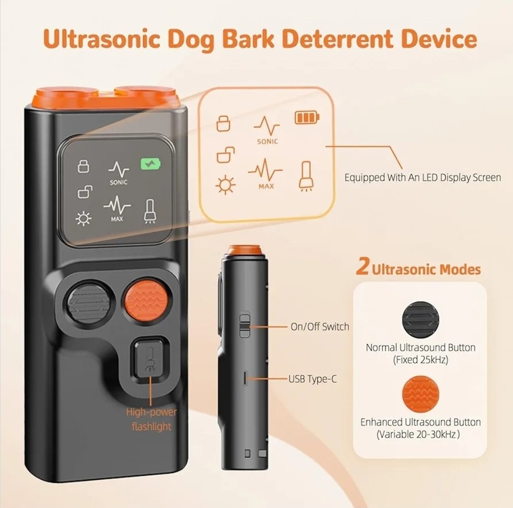 Ultrasonic Dog Bark Deterrent Device, 2 Modes, Flashlight, 30 Ft Range, New