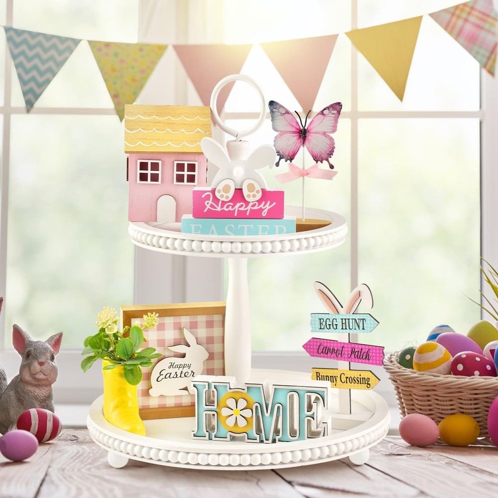 Spring Easter Decorations 8 Pieces Tiered Tray Decor Set, Cute Tabletop Easte...