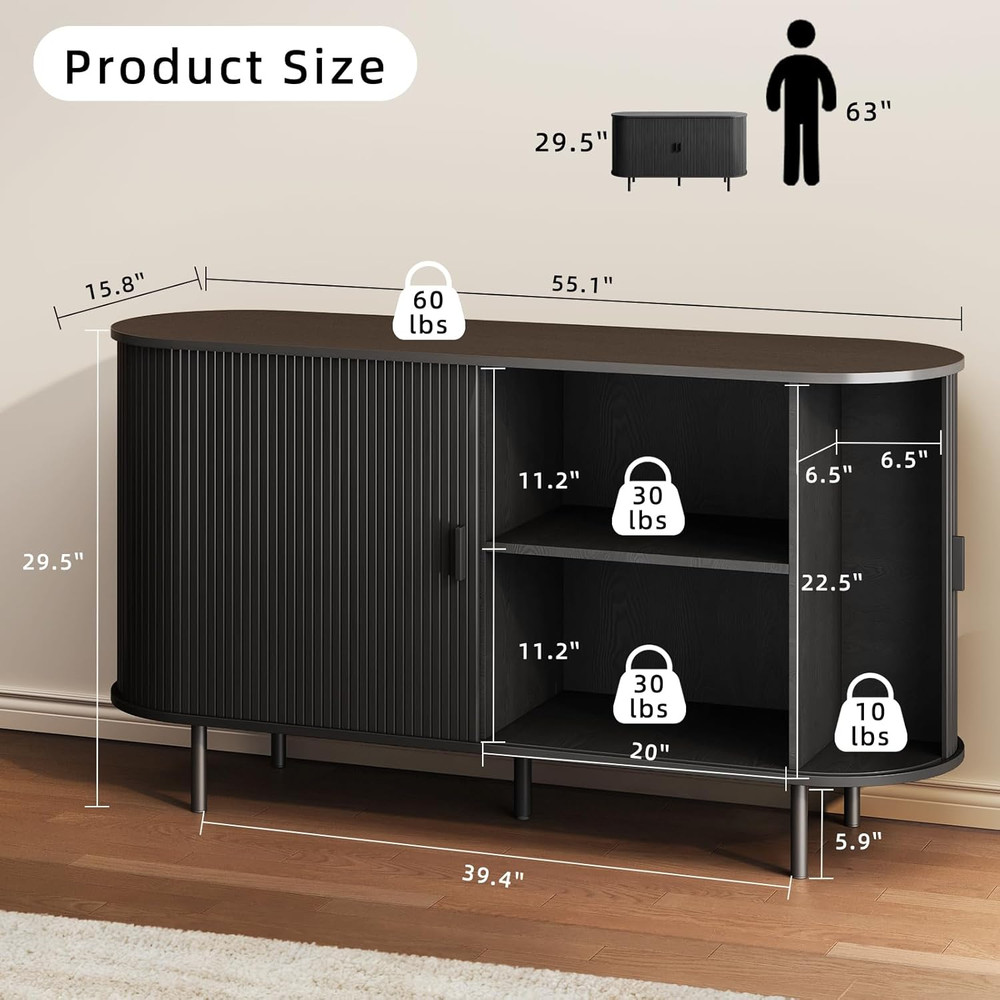 Modern Black Buffet Sideboard Cabinet with Sliding Door & Adjustable Shelf