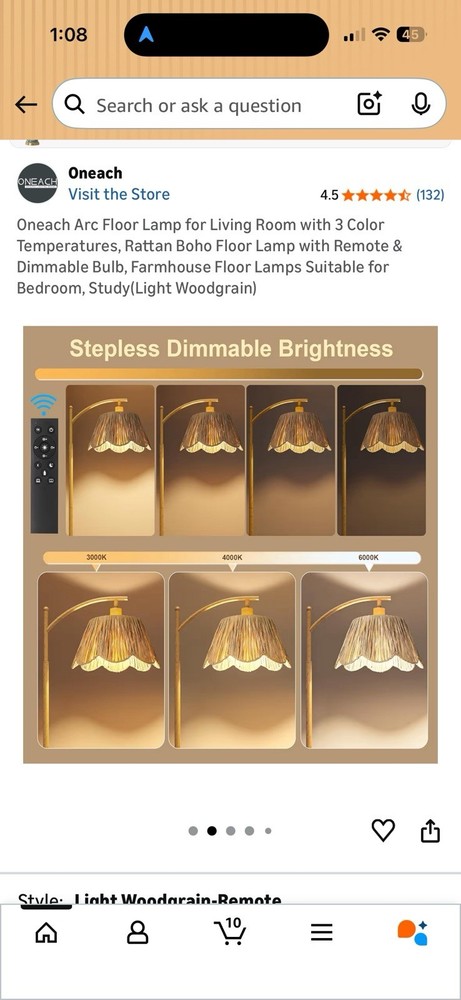 Oneach Arc Floor Lamp with Remote Control Three Colored Temperature