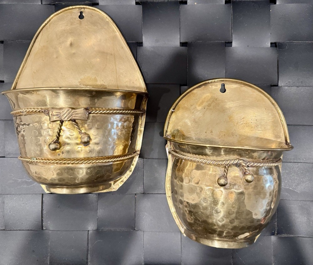 Pair of Brass Wall-Mountable Hammered Bucket Planters