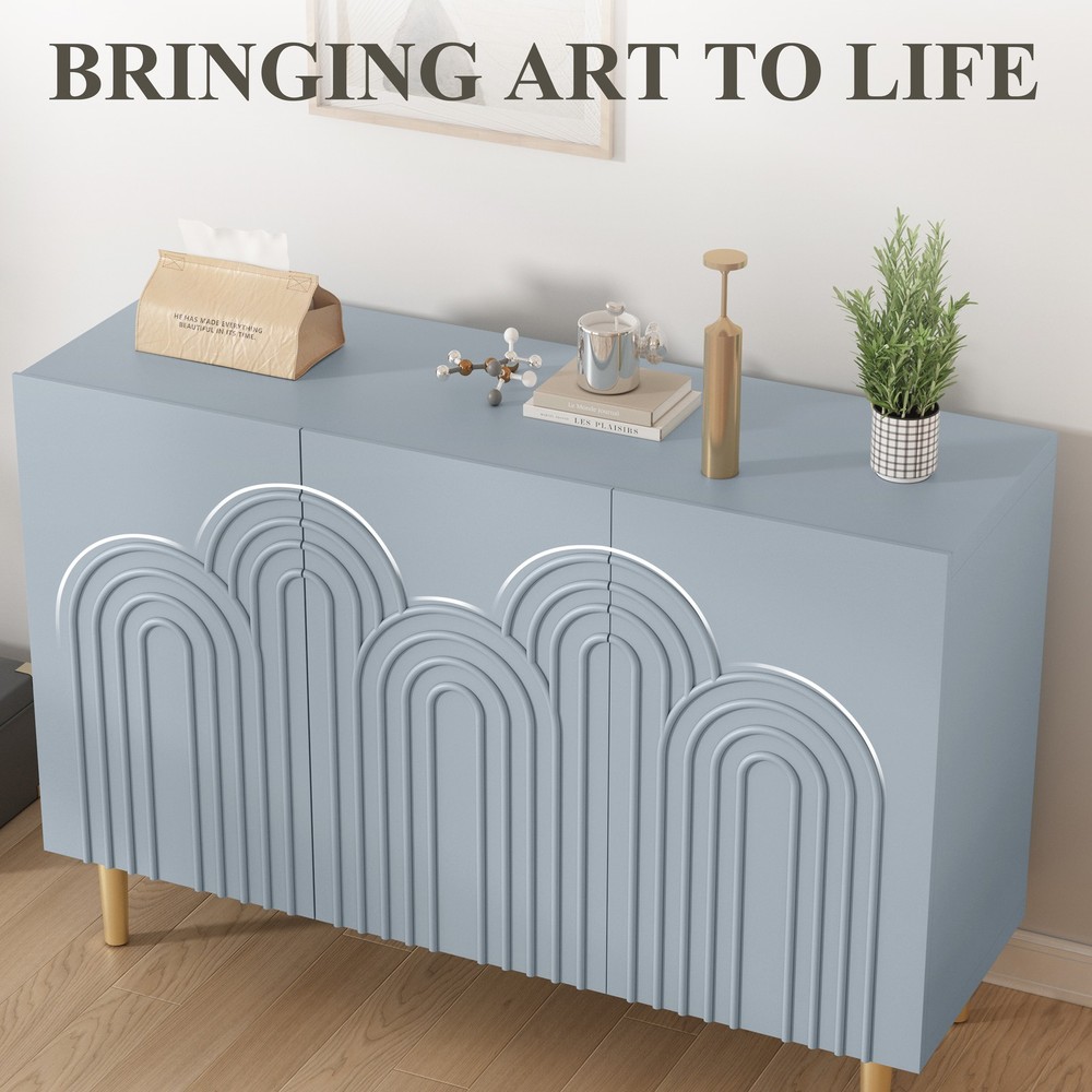 Wood Accent Storage Cabinet with Storage and 3 Doors with Relief Patterned Blue