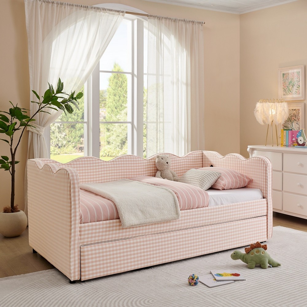 Twin Size Daybed Linen Upholstered Bed Frame Sofa Bed with Pull-Out Trundle Bed