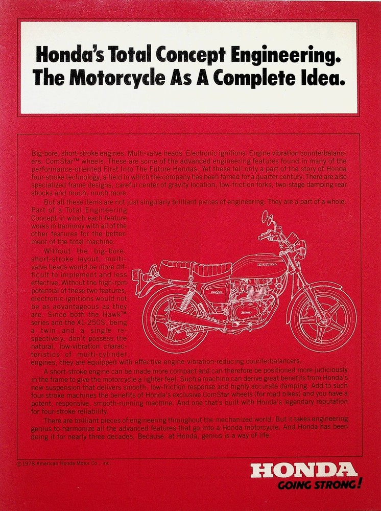 1978 Honda Motorcycle Engineering - Vintage Ad