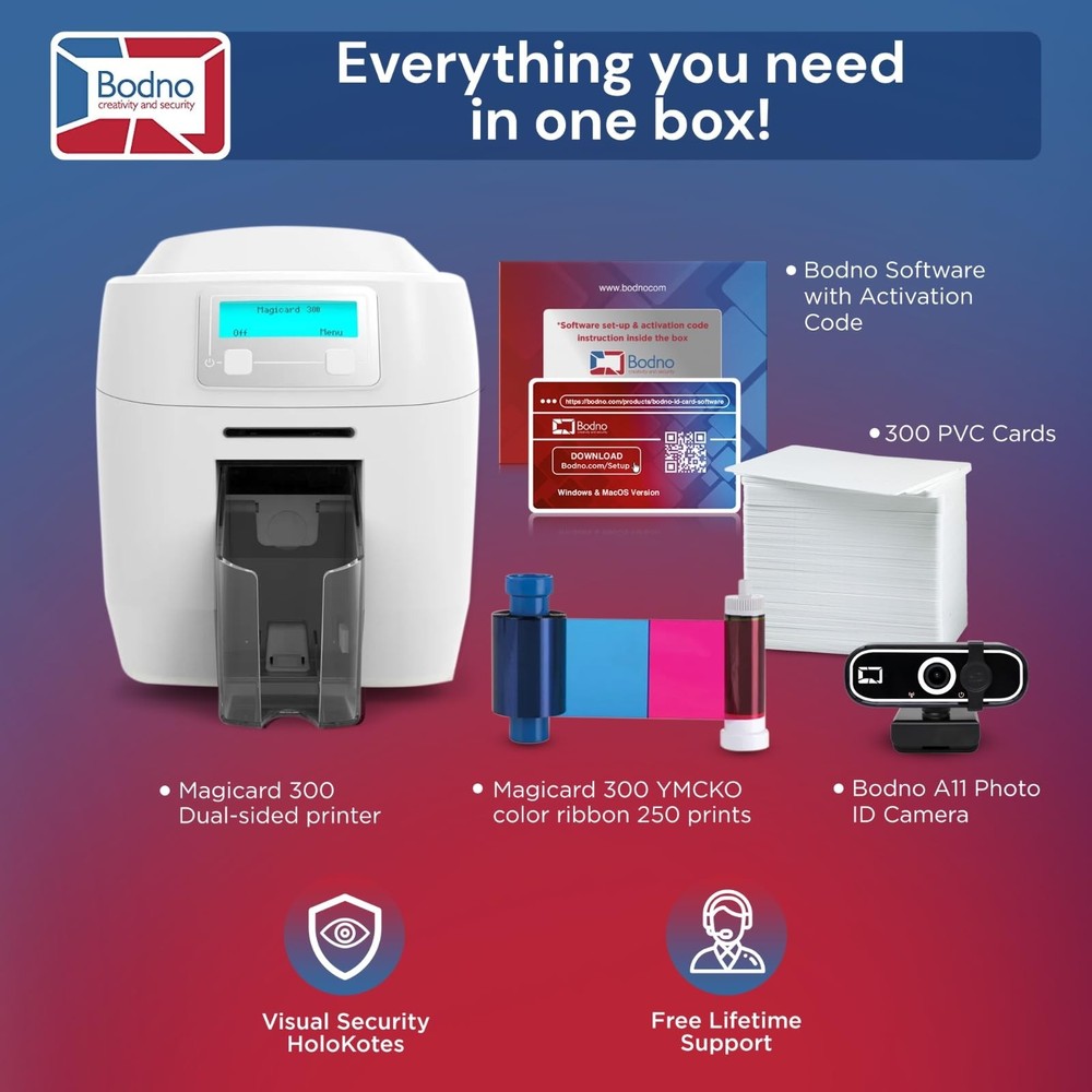 Bodno Magicard 300 Dual Sided ID Card Printer & Complete Supplies Package