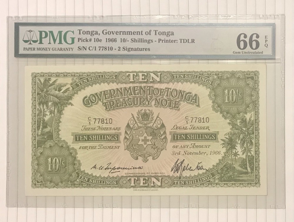 Tonga 10 Shillings 1966 P-10e UNC PMG 66