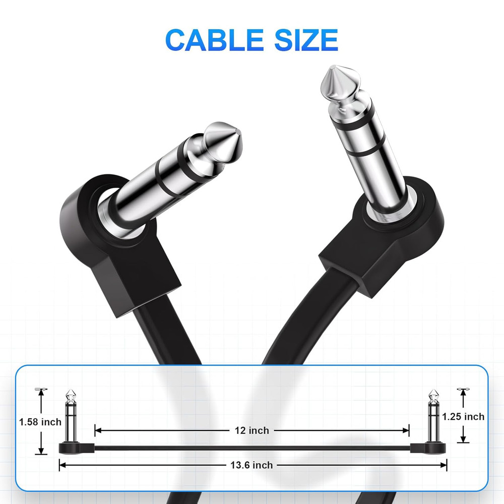 2 Pack Premium 12" Stereo TRS Flat Patch Cables Low Profile to save More Space
