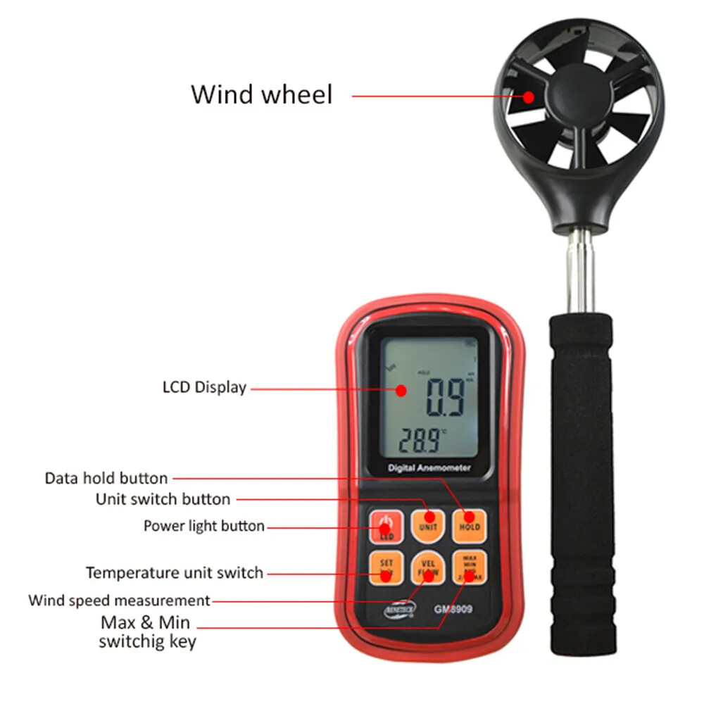 GM8909 Multifunctional Digital Anemometer Thermometer Windmeter Wind Measuring