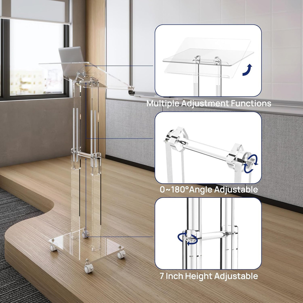 Adjustable Acrylic podium with Lockable Wheels for Classroom & Events