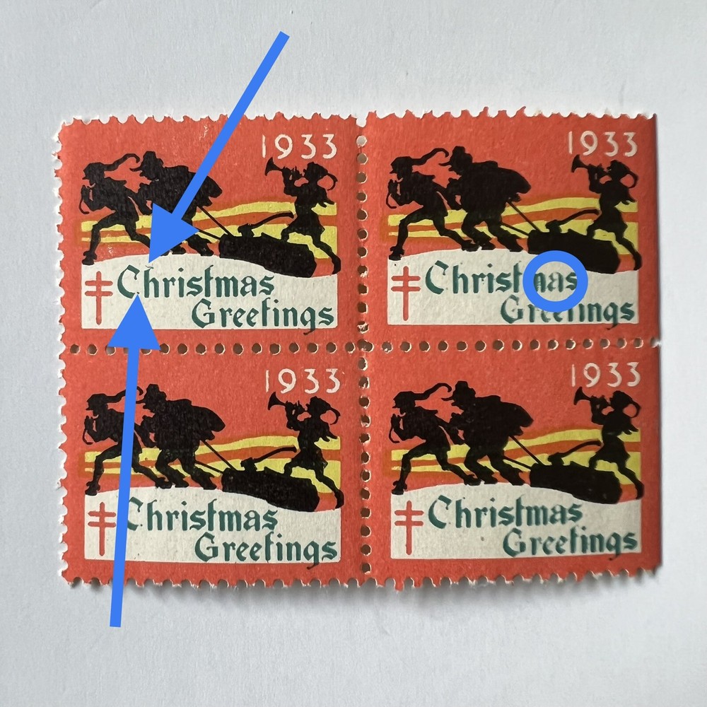 ERROR 1933 MNH CHRISTMAS SEAL BLOCK WITH EXTRA MARKS AND FAINT "a"