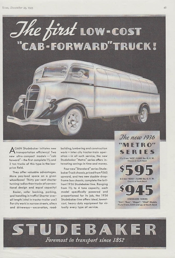The first low-cost Cab-Forward Truck Studebaker Metro Series ad 1936 T