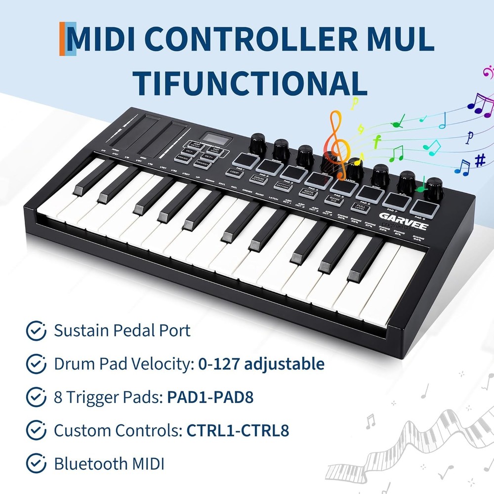 Bluetooth MIDI Keyboard Controller 25-Key W/ Backlit Pads & Production Software