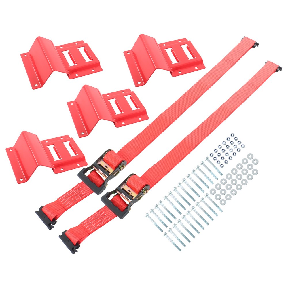 LABLT Secure Cargo E Track Wheel Chock System 8' Red Ratchet Tie Down Straps