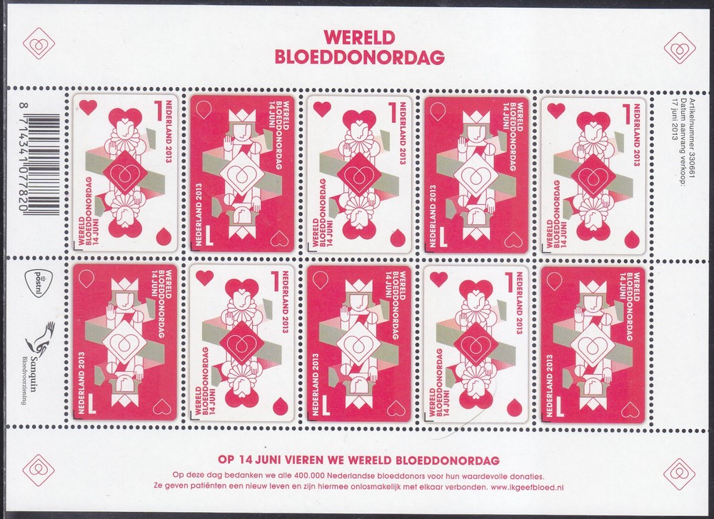 Netherlands Issue 2013 (MS 3067-3068) Playing Cards - Blood Donation