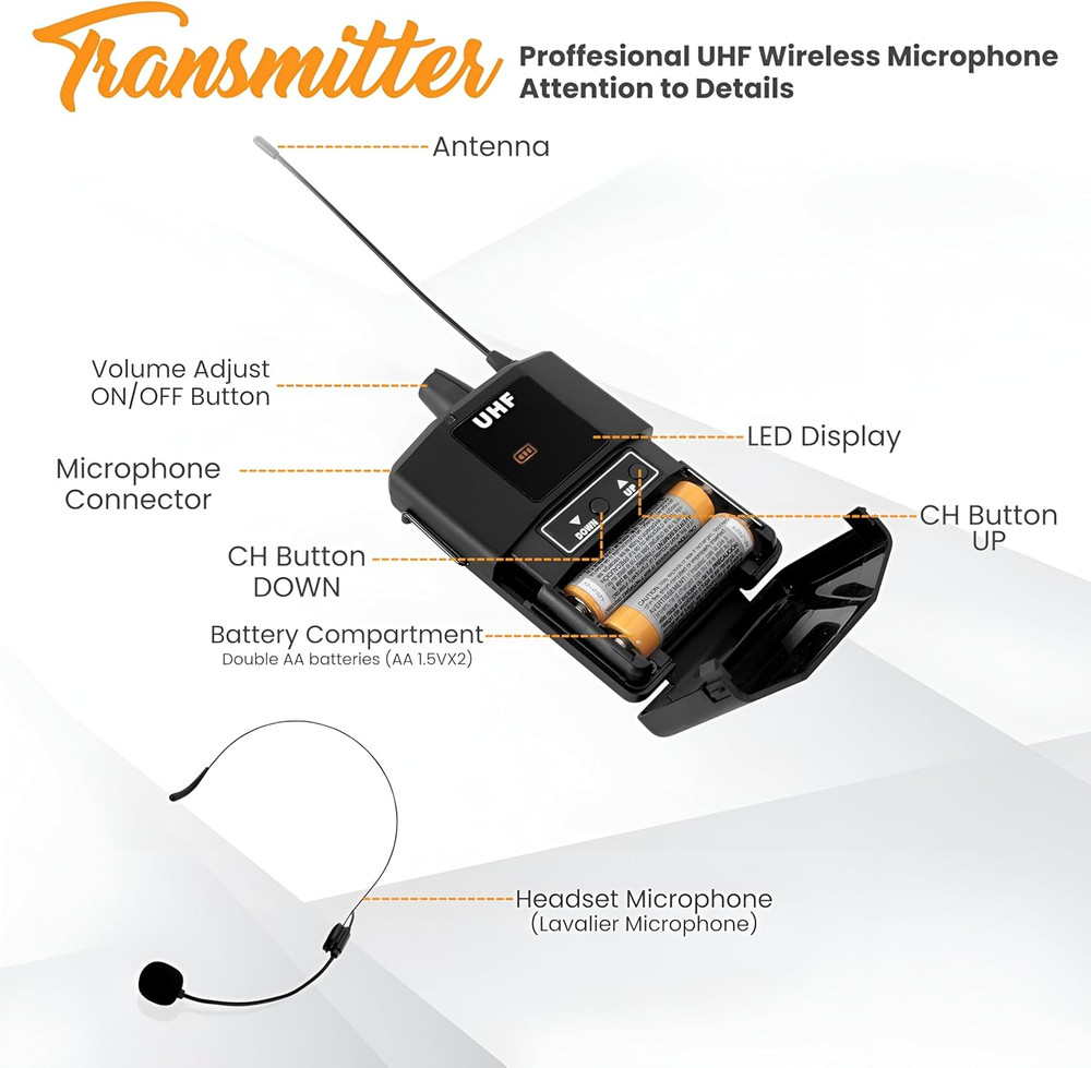 UHF Wireless Microphone System Kit - Portable Professional Cordless Microphone S