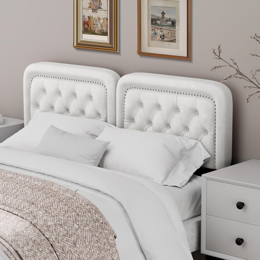 Tufted King Size Upholstered Headboard Button Adjustable Height Solid Wood Beige