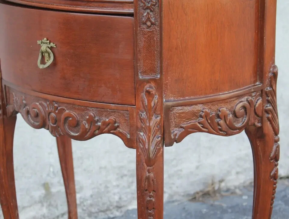 French Provincial Bedside Table - Demilune, Marble Top, Fully Refinished
