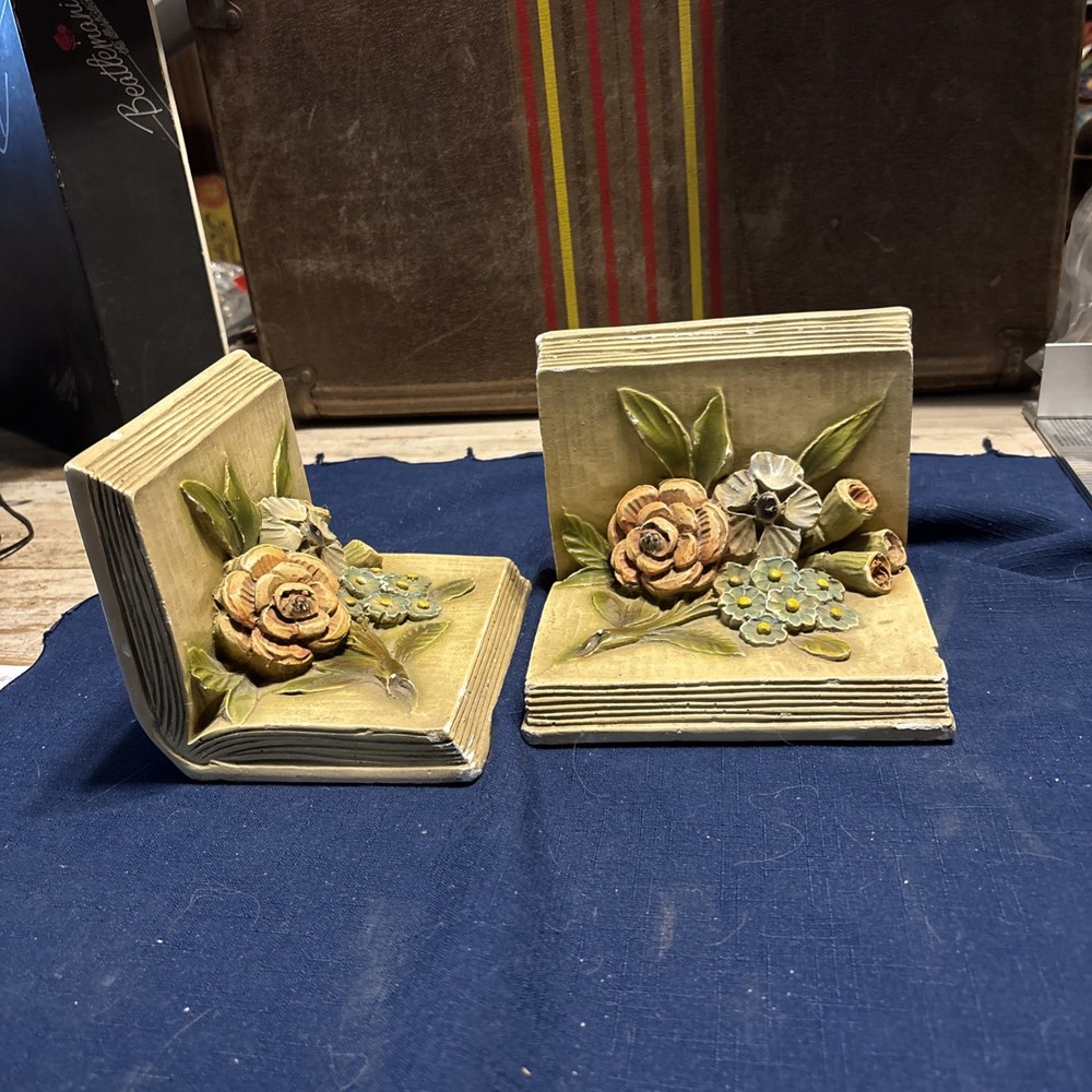 Vintage IvorWare Heavy Solid Ceramic Pottery Floral Book Ends